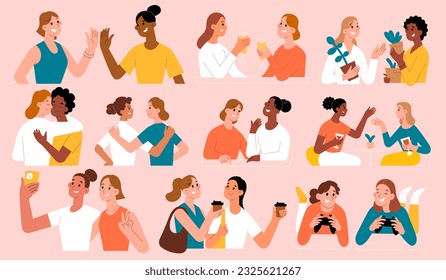 Female friends, young women spend time together, take selfie photos, girlfriends meet, talk, drink coffee and champagne. Young women hug each other, togetherness concept, vector illustrations set