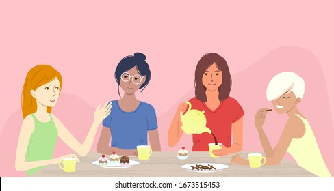 Female friendship. Cheerful young international girlfriends cartoon characters. Women talking, eating and drinking. Modern flat cartoon vector illustration.