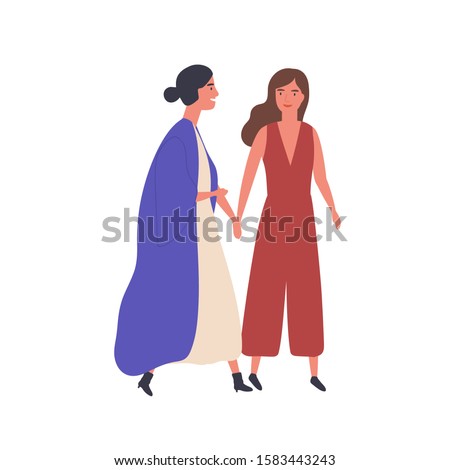 Female friendship flat vector illustration. Lesbian pair, young girls in love. Unconventional relationship, fondness manifestations concept. Two women holding hands together cartoon characters.