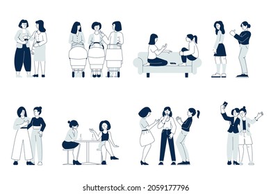 Female friendship. Friends on break, girlfriends enjoying conversation. Young mother walking, girls relaxed in cafe. Women hugs and support, recent vector set