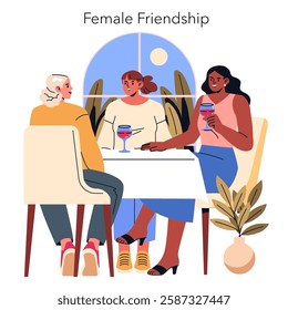 Female friendship illustration. A warm gathering of women enjoying each other's company over drinks in a cozy atmosphere. Represents connection, support, and joy in meaningful relationships. Vector