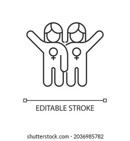 Female friendship linear icon. Sisterhood. Girl power. Like minded women cooperation. Thin line customizable illustration. Contour symbol. Vector isolated outline drawing. Editable stroke