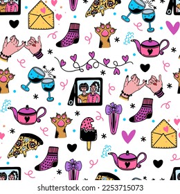 Female friendship seamless vector pattern. Best friends, family, besties. Symbols of good relations - girlfriend photo, pinky oath, tea party, pizza. Flat cartoon doodles. Background for cards, prints