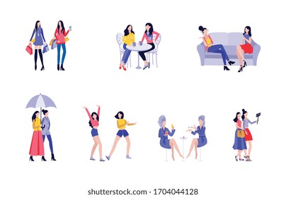 Female friendship set - two cartoon girls shopping, walking and talking together isolated on white background. Flat collection of women having fun.