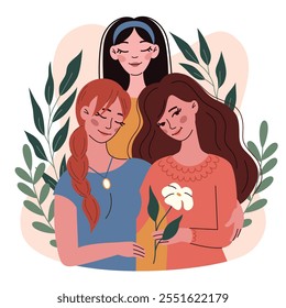 Female friendship and support, love.Different women, sisters, hugs.Flat vector illustration