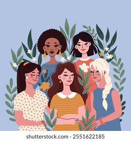 Female friendship and support, love.Different women, sisters, hugs.Flat vector illustration