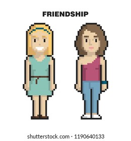 Female friendship. Two friends pixel art on white background. Vector illustration.