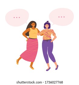 Female friendship. Two women friends spend time together. Pair of pretty young girls standing together and hugging. Dialogue bubble with an empty space for text. Vector flat cartoon illustration