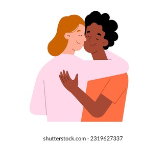 Female friendship. Two young women hug each other, girlfriends embracing, support and confidence concept, ethnic diversity, International womens day, flat vector illustration
