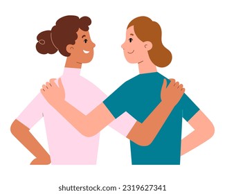 Female friendship. Two young women hug each other, girlfriends smiling and embracing, support and togetherness concept, ethnic diversity, International womens day, flat vector illustration