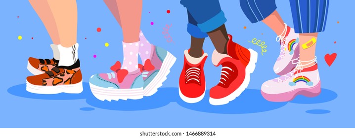 Female friendship vector illustration in a free hand style. Girls power. Set of four pairs of female legs in sneakers on the platform. Girlfriends walk in stylish sports shoes. Cool sport footwear.