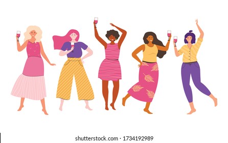 Amistad femenina. Las amigas pasan tiempo juntas en una fiesta. La gente baila, se divierte, se ríe, bebe vino. Mujeres de diferentes nacionalidades y culturas. Hermandad.  Ilustración plana vectorial.