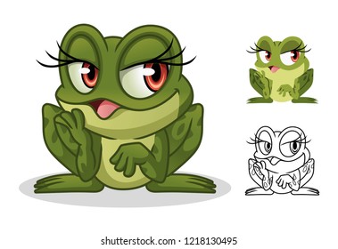 Female frog cartoon character mascot design, including flat and line art design, isolated on white background, vector clip art illustration.