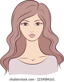 Female front portrait drawing. Beautiful lady with long hair. Woman silhouette sketch. Template for beauty industry. Vector illustration.