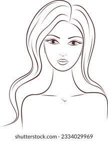 Female front portrait drawing. Beautiful lady with long hair. Woman face silhouette Outline sketch. Template for beauty industry. Vector illustration.