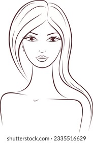 Female front portrait drawing. Be.autiful lady with long hair. Woman face silhouette Outline sketch. Template for beauty industry. Vector illustration