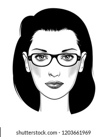 Female full face head with glasses. Portrait of a business woman. Vintage engraving stylized drawing. Vector illustration