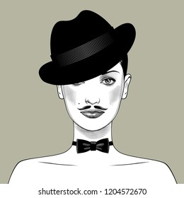 Female full face head with mustache in the black hat and the bow tie. The woman in an image of the man. Vintage engraving stylized drawing. Vector 
illustration