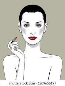 Female full face with red lips and lipstick in her hand. Vintage engraving stylized drawing. Vector illustration