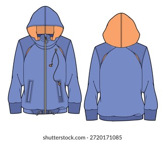 Female full zip raglan sleeve jacket design technical flat sketch vector mockup template.