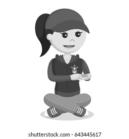 female gamer holding console stick black and white style