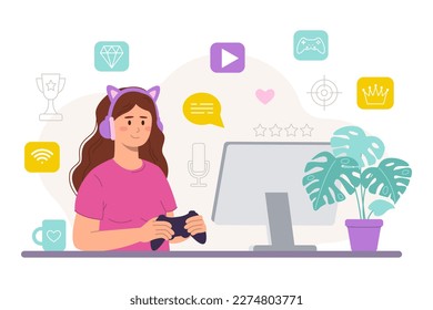 Female gamer with joystick at the monitor in gaming kawaii headphones with ears. Home environment. Vector flat illustration