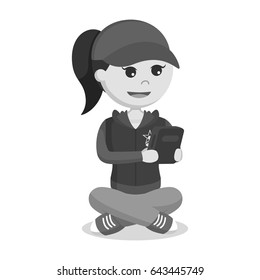 female gamer playing handheld console game black and white style