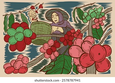 a female garden worker is harvesting ripe coffee beans, vector, poster design, image, illustration