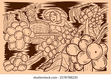 a female garden worker is harvesting ripe coffee beans, vector, poster design, image, illustration