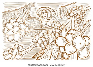 a female garden worker is harvesting ripe coffee beans, vector, poster design, image, illustration