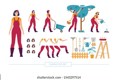 Female Gardener, Agriculture Worker in Overall Character Constructor Trendy Flat Vector Isolated Design Elements Set. Working in Garden Woman Body Parts, Face Expressions, Work Tools Illustration