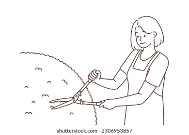 Female gardener in apron cutting bushes with scissors. Woman working with scissors outdoors. Gardening and horticulture. Vector illustration. 