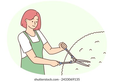 Female gardener in apron cutting bushes with scissors. Woman working with scissors outdoors. Gardening and horticulture. Vector illustration.