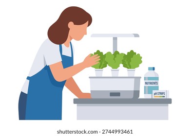 Female gardener checking leafy greens in automated planter. Hydroponics technology with nutrients and pH strips.