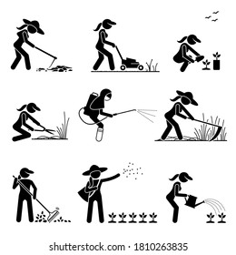 Female gardener cutting grass and planting trees in backyard, stick figure icons. Vector illustrations of woman farmer or botanist using gardening tool and farming equipment.