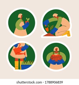 Female gardener, farmer. Character flat illustration sticker set.
