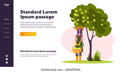 Female gardener holding basket of apples. Woman harvesting fruits from tree flat vector illustration. Gardening, agriculture concept for banner, website design or landing web page