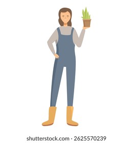 Female gardener holding potted plant smiling at greenhouse or garden center
