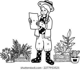 Female gardener planning to plant a tree illustration in doodle style isolated on background