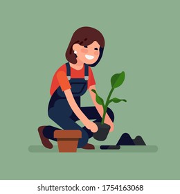 Female gardener is planting a small plant into the ground. Gardening concept character design, vector. Woman enjoys gardening