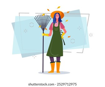 Female gardener with rake flat vector illustration. Woman in straw hat, rubber boots and gloves going to collect leaves. Country, lifestyle, gardening, autumn concept for banner or web design