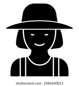 Female gardener solid icon, Garden and gardening concept, Gardener woman sign on white background, female farmer in hat icon in glyph style for mobile concept, web design. Vector graphics