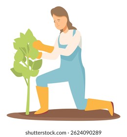 Female gardener taking care of small tree wearing gloves and rubber boots