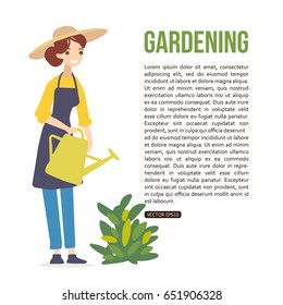 Female gardener watering plant with pot isolated on white. Vector illustration.