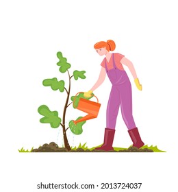 Female gardener waters a tree sapling from a watering can vector illustration