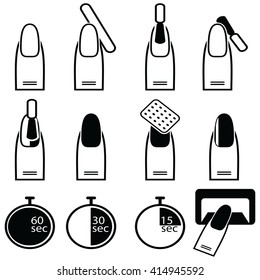 Female Gel and hybrid  nails preparation process, lacquer up, and protection process under uv and led lamp icon set in black and white