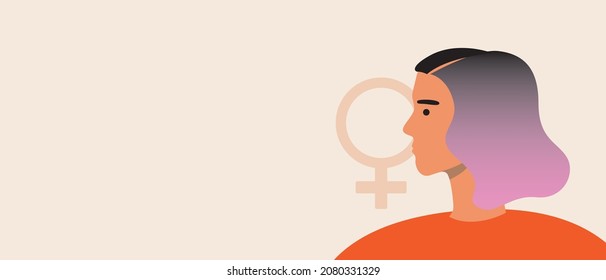 Weibliches Geschlecht, binäre Person. Speichervorlage kopieren. Flache Vektorgrafik. Frauensymbol. Person mit Platz für Text. Hintergrund oder Hintergrund für Design. Das Geschlecht ist weiblich