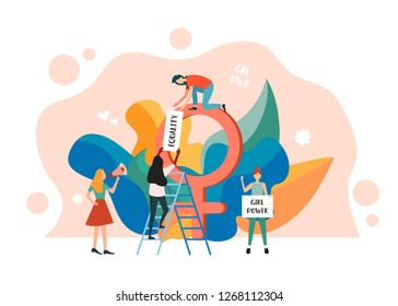 Female gender sign, a concept of feminism, girl power, movement, female equality, equal social and civil rights. Girls team work. Vector illustration