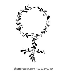 Female gender sign. Women feminine floral floral symbol with sprigs, isolated on white background. Venisino mirror. Design for 8 March, Happy International women's day. Vector stock illustration.