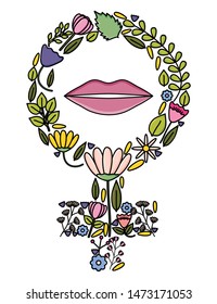 female gender symbol with flowers and lips pop art style